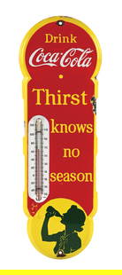 COCA-COLA "THIRST KNOWS NO SEASON" PORCELAIN THERMOMETER: SSP. C. 1930s. CONDITION: Thermometer is in excellent condition, showing a clean field with one small factory defect near the bottom of the thermometer tube. Thermometer shows minor chipping at the mo