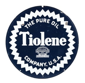TIOLENE MOTOR OIL PORCELAIN SIGN W/ SAW TOOTH GRAPHIC