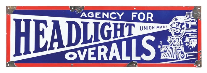 HEADLIGHT UNION MADE OVERALLS PORCELAIN SIGN W/ TRAIN GRAPHIC