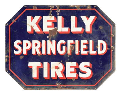 KELLY SPRINGFIELD TIRES PORCELAIN SERVICE STATION SIGN: DSP. C. 1930s. CONDITION: Fair color and gloss throughout each side, showing moderate to heavy chipping as well as scratches and surface staining. Added nail hole along the lower edge with chipping