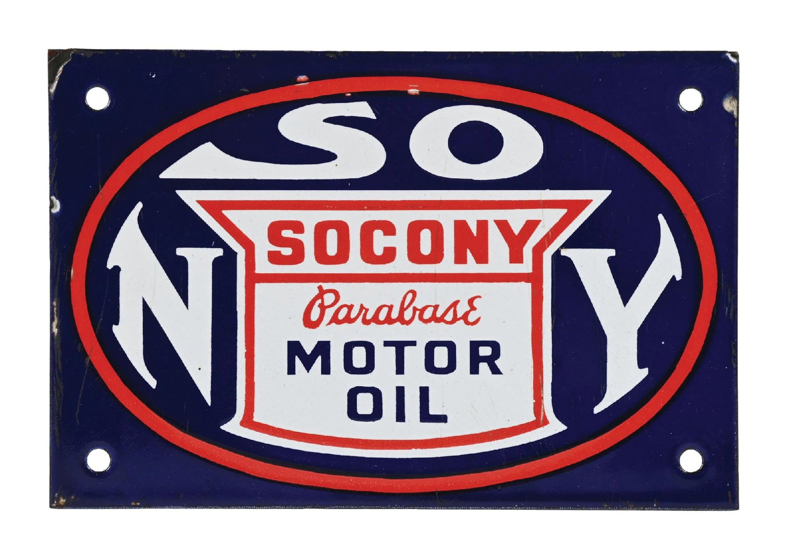 SOCONY PARABASE MOTOR OIL PORCELAIN SIGN: SSP. C. 1930s. CONDITION: Excellent color and gloss, with minor areas of surface scratching in the field as well as some light chipping in the outer field. Minor chipping along the outer edge, but ove