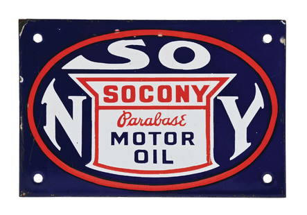 SOCONY PARABASE MOTOR OIL PORCELAIN SIGN: SSP. C. 1930s. CONDITION: Excellent color and gloss, with minor areas of surface scratching in the field as well as some light chipping in the outer field. Minor chipping along the outer edge, but