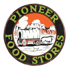 PIONEER FOOD STORES PORCELAIN SIGN W/ WAGON GRAPHIC