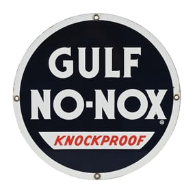 GULF NO-NOX KNOCKPROOF GASOLINE PORCELAIN PUMP PLATE SIGN
