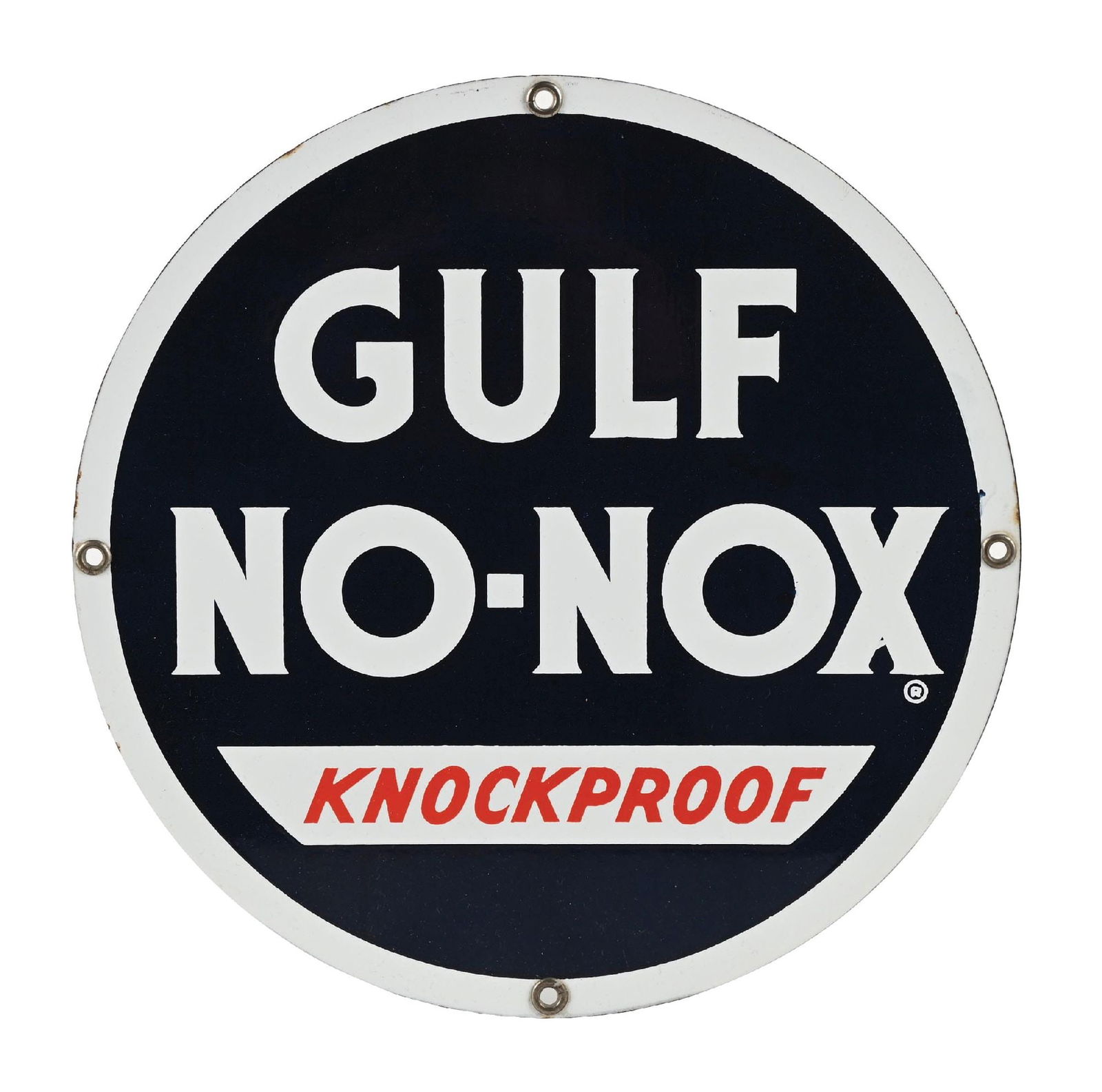 GULF NO-NOX KNOCKPROOF GASOLINE PORCELAIN PUMP PLATE SIGN: SSP. C. 1950s. CONDITION: Excellent color and gloss throughout, with no notable field wear other than a couple of light factory defects. Mounting holes and outer edges are in excellent condition. An o