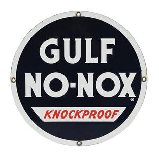 GULF NO-NOX KNOCKPROOF GASOLINE PORCELAIN PUMP PLATE SIGN: SSP. C. 1950s. CONDITION: Excellent color and gloss throughout, with no notable field wear other than a couple of light factory defects. Mounting holes and outer edges are in excellent condition. An