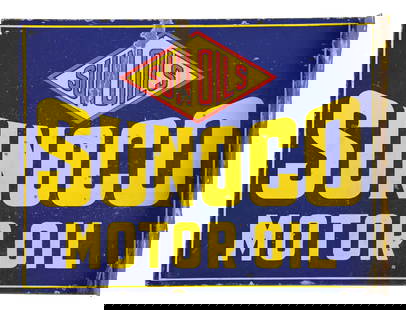 SUNOCO MOTOR OIL PORCELAIN SERVICE STATION FLANGE SIGN: DSP. C. 1920s. CONDITION: Sign shows fair color and gloss throughout, with areas of scattered chipping as well as moderate surface scratching. Outer edge showing moderate chips with heavier chipping