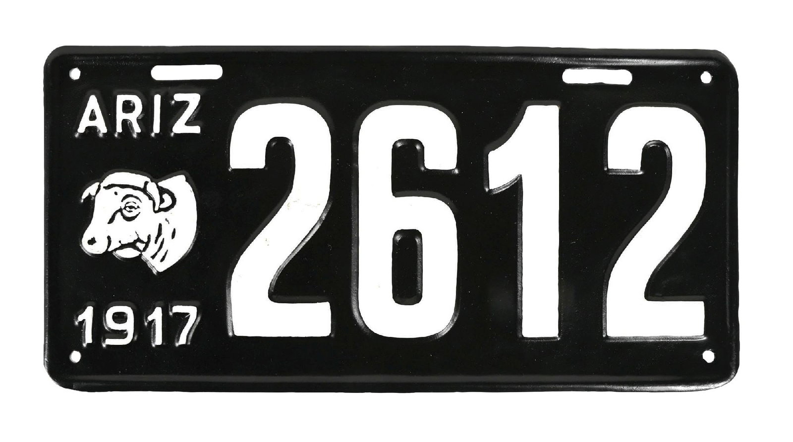 ARIZONA 1917 EMBOSSED TIN LICENSE PLATE W/ BULL GRAPHIC: SST. A well displaying example of this rare plate from Arizona. CONDITION: Plate shows a nicely done repaint throughout the field, with only minimal wear along the outer edge and mounting holes. An ex