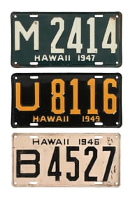 COLLECTION OF 3: 1946, 1947, & 1949 HAWAII EMBOSSED TIN LICENSE PLATES