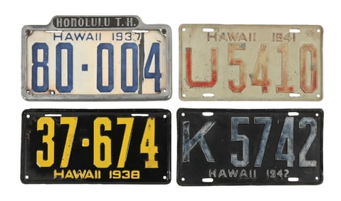 COLLECTION OF 4: HAWAII EMBOSSED TIN AUTOMOTIVE LICENSE PLATES