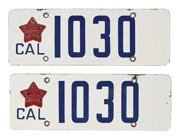 COLLECTION OF TWO: CALIFORNIA 1919 PORCELAIN LICENSE PLATES MATCHING SET W/ ORIGINAL PECTIN