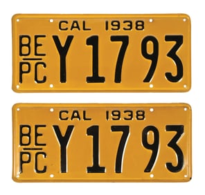 SET OF 2: 1938 CALIFORNIA EMBOSSED TIN LICENSE PLATES