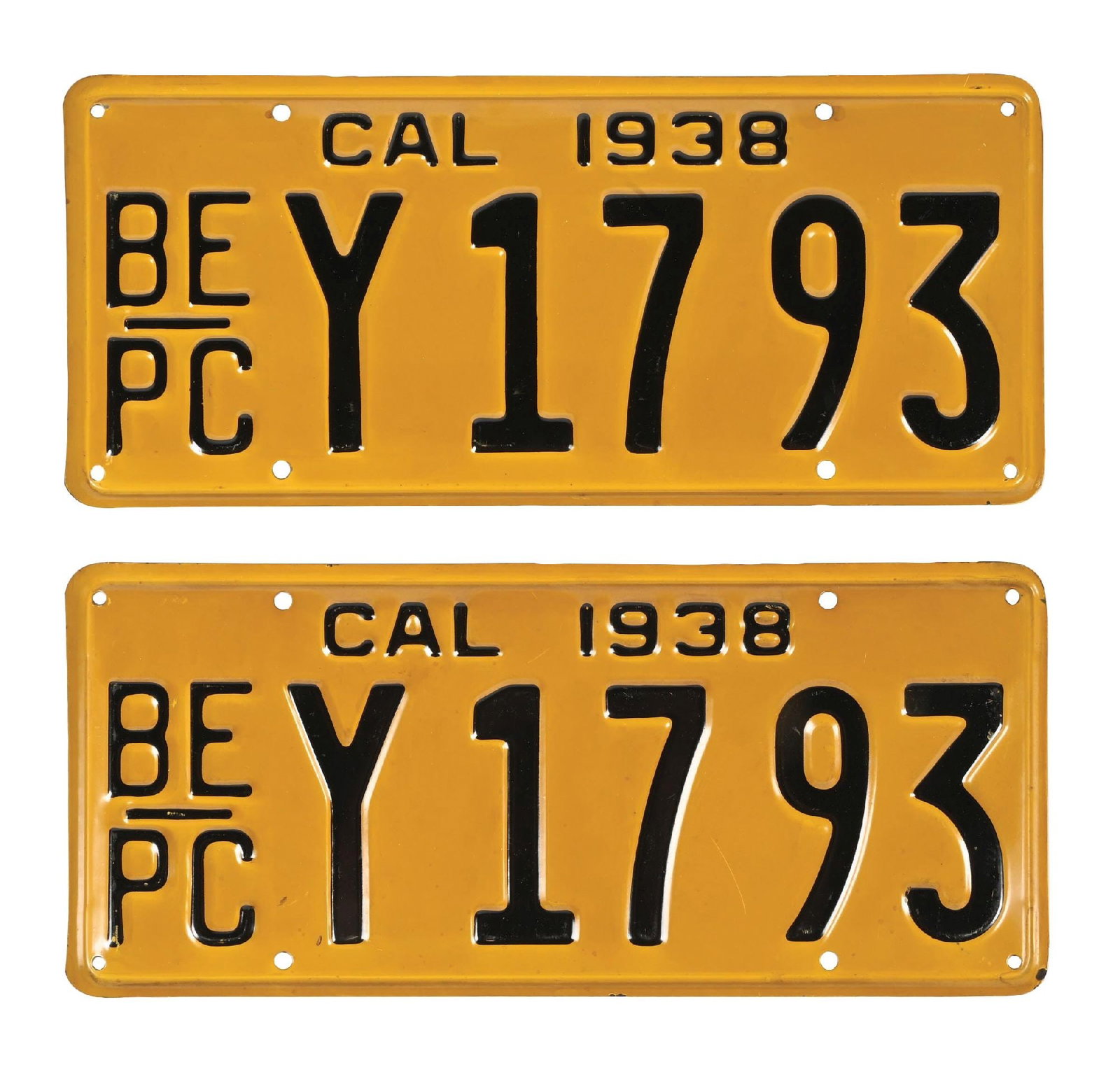 SET OF 2: 1938 CALIFORNIA EMBOSSED TIN LICENSE PLATES: Matching pair of 1938 California License Plates numbered "BE-PC Y 1793". CONDITION: Excellent original condition throughout, with light areas of wear from storage. Minimal areas of light mounting hole