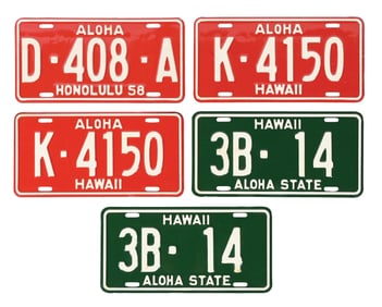 COLLECTION OF 5: HAWAII EMBOSSED TIN AUTOMOTIVE LICENSE PLATES