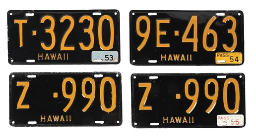 COLLECTION OF 4: HAWAII EMBOSSED TIN AUTOMOBILE LICENSE PLATES