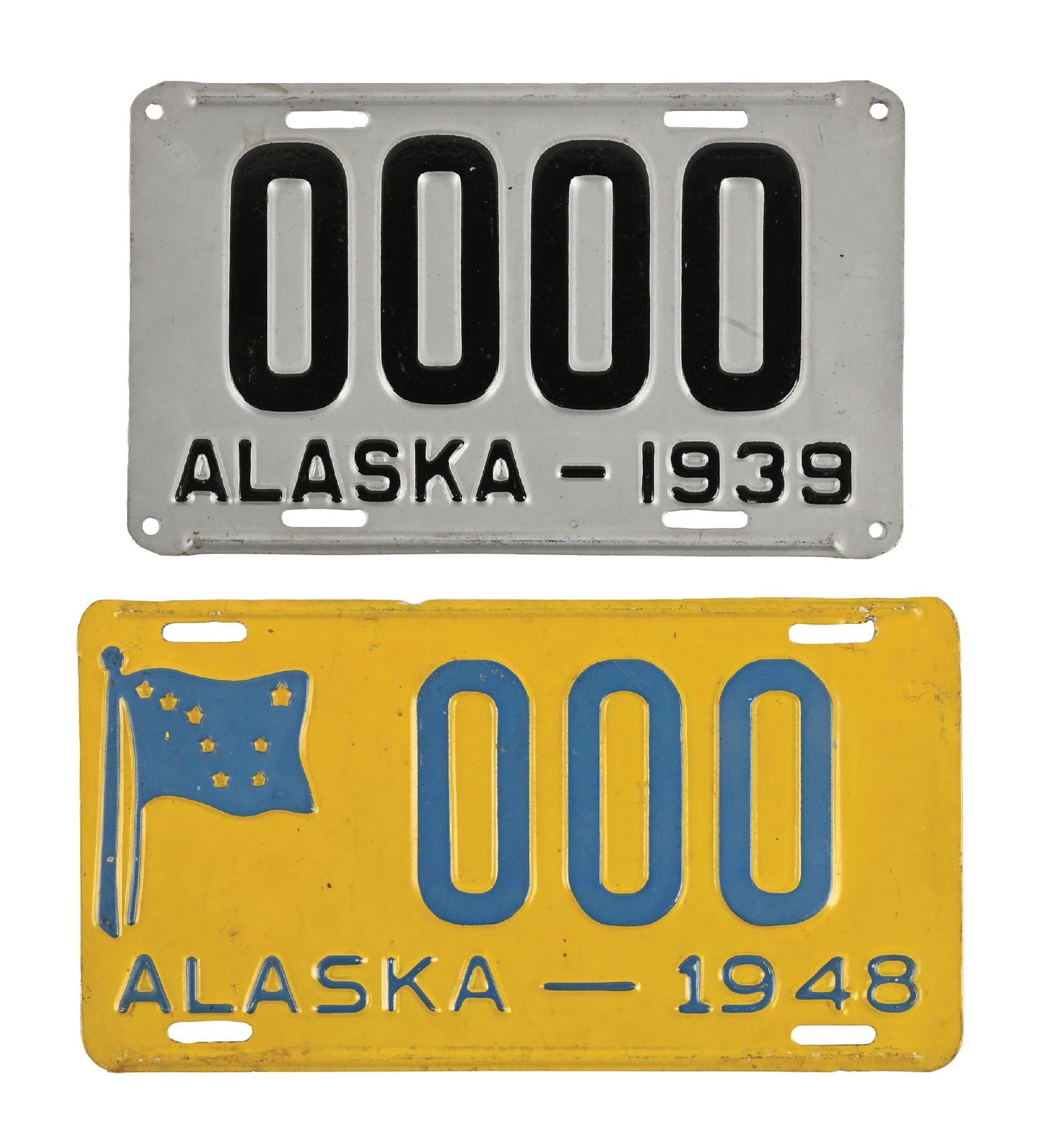 COLLECTION OF 2: 1939 & 1948 ALASKA EMBOSSED TIN LICENSE PLATES (1 of 2)