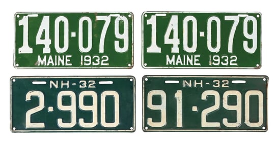 COLLECTION OF 4: 1932 MAINE & NEW HAMPSHIRE 1932 AUTOMOTIVE LICENSE PLATES