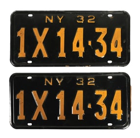 SET OF 2: 1932 NEW YORK EMBOSSED TIN AUTOMOTIVE LICENSE PLATES
