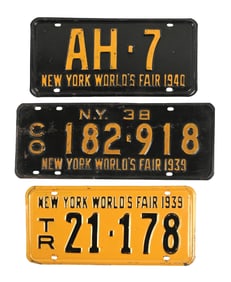 SET OF 3: NEW YORK WORLD'S FAIR EMBOSSED TIN AUTOMOTIVE LICENSE PLATES