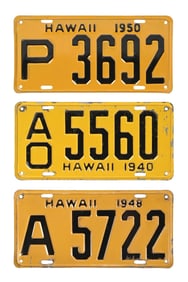 COLLECTION OF 3: HAWAII EMBOSSED TIN AUTOMOBILE LICENSE PLATES