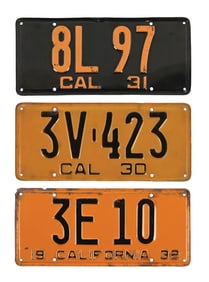 SET OF 3: CALIFORNIA EMBOSSED TIN AUTOMOTIVE LICENSE PLATES