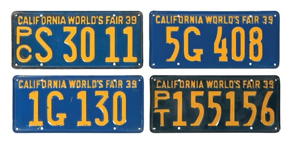 LOT OF 4: CALIFORNIA WORLD'S FAIR 1939 EMBOSSED TIN LICENSE PLATES.