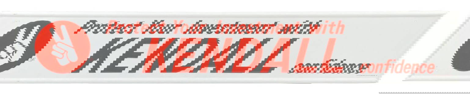 KENDALL MOTOR OIL NOS EMBOSSED TIN SERVICE STATION SIGN: SST. Maker marked Grace Sign Company. CONDITION: Outstanding color and gloss, showing no notable field wear. Mounting holes are in outstanding condition, with only faint wear along the self-framed out