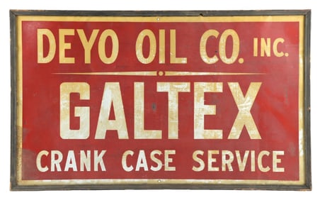 GALTEX MOTOR OILS TIN SERVICE STATION SIGN W/ ORIGINAL WOOD FRAME