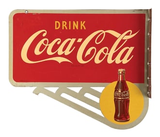 DRINK COCA-COLA TIN FLANGE SIGN W/ BOTTLE GRAPHIC
