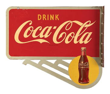 DRINK COCA-COLA TIN FLANGE SIGN W/ BOTTLE GRAPHIC: DST. Maker Marked American Artworks, dated 1948. CONDITION: Sign shows bright color and gloss throughout each side, with light areas of surface scratching and age wear with clean script and bottle gra