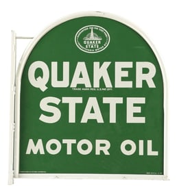 QUAKER STATE MOTOR OIL TIN SIGN W/ FLANGE MOUNT ATTACHMENT