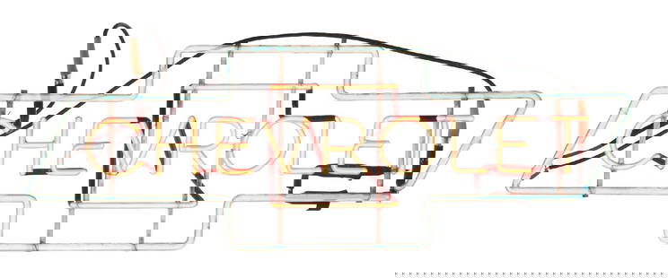 CHEVROLET AUTOMOBILES DEALERSHIP WINDOW NEON BOW TIE SIGN: Single-Sided Glass Neon Window Sign for Chevrolet, showing all of its original glass tubing intact with two colors of glowing neon. CONDITION: Sign is in outstanding condition and all original, with o
