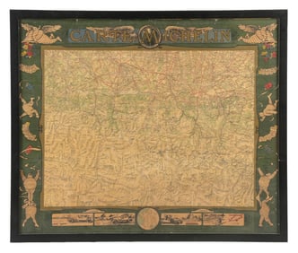 RARE MICHELIN TIRES FRAMED PAPER EUROPEAN MAP W/ BIBENDUM GRAPHIC