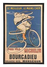 MICHELIN TIRES FRAMED PAPER POSTER W/ BIBENDUM ON BICYCLE GRAPHIC