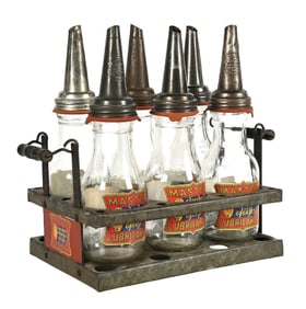 MASTER LUBRICANTS GLASS OIL BOTTLE RACK W/ BOTTLES