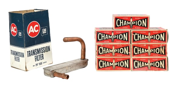 COLLECTION OF 8: CHAMPION SPARK PLUG DISPLAY BOXES & ONE AC TRANSMISSION FILTER BOX