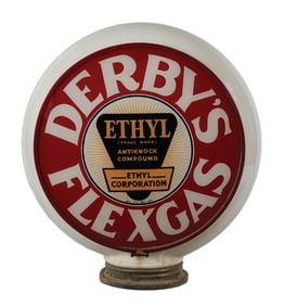 DERBY'S FLEXGAS WITH ETHYL 13.25" COMPLETE GLOBE ON MILK GLASS GILL BODY