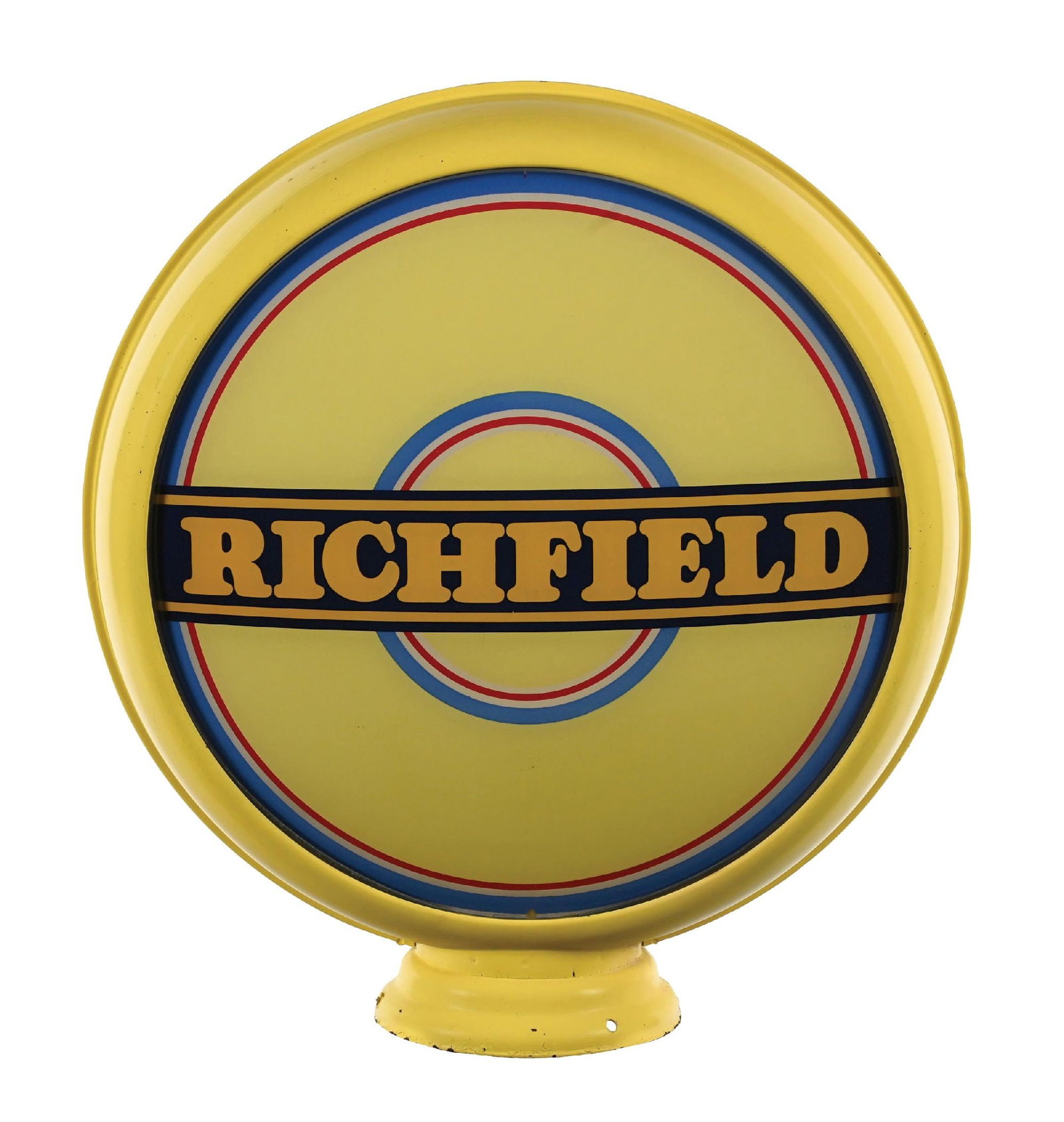 RICHFIELD COMPLETE 15" GLOBE ON METAL HI- PROFILE BODY: C. 1930s. Complete 15" globe on metal hi-profile body. CONDITION: Lens one is overall brilliant and outstanding, showing only light surface wear with very minimal edgewear. Lens two shows an excellent