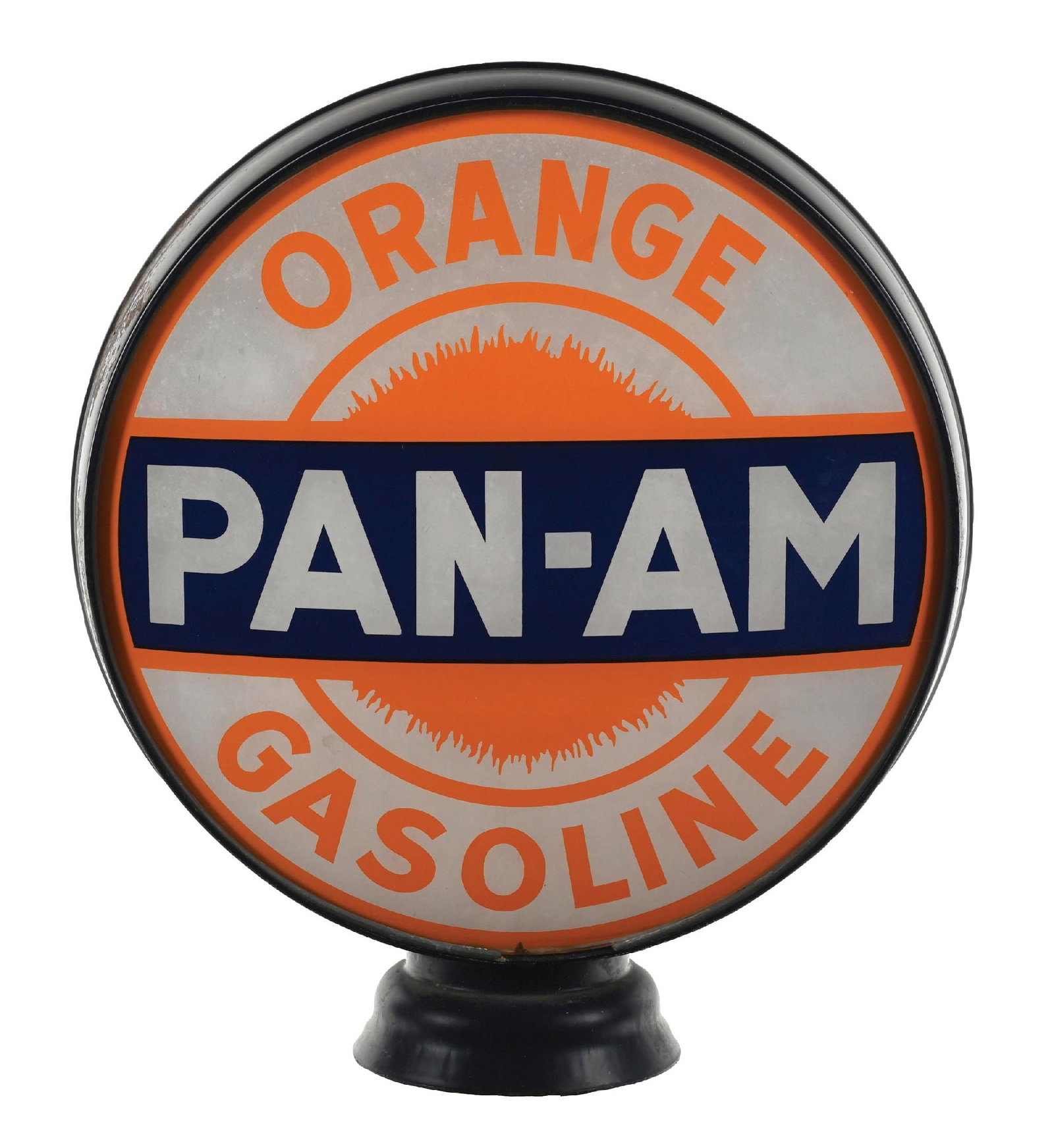 PAN-AM ORANGE GASOLINE COMPLETE 15" GLOBE ON METAL LOW PROFILE BODY: Complete 15" globe on metal low profile body. CONDITION: Lenses are each in excellent condition, showing a minimal amount of light surface scratching on the outer glass face. Lens two shows some minor