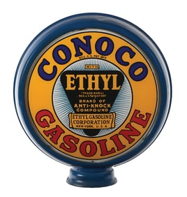 CONOCO ETHYL GASOLINE COMPLETE 15" GLOBE ON METAL BODY
