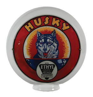 HUSKY ETHYL SINGLE 13.5" GLOBE LENS ON MILK GLASS BODY: Single 13.5" Globe Lens on Narrow Milk Glass Body. A rare lens from Husky Ethyl Gasoline. CONDITION: Lens shows very good color throughout, but does show some areas of paint flaking and water damage i