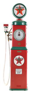 GILBERT & BARKER TRU- METER CLOCK FACE GAS PUMP RESTORED IN TEXACO GASOLINE: CONDITION: Pump shows excellent restoration done in Texaco Gasoline, showing new Texaco pump plates on each side. Pump shows white cloth hose with brass nozzle with an excellent condition sight glass