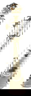 FRY 5 GALLON VISIBLE GAS PUMP RESTORED IN CROWN GASOLINE: CONDITION: Pump shows an outstanding restoration throughout done in crown gasoline. Pump shows cream and gold paint with Guarantee Visible decals on the face with white cloth hose polished brass nozzl