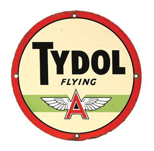 TYDOL FLYING A GASOLINE PORCELAIN PUMP PLATE SIGN: SSP. C. 1940s. CONDITION: Excellent color and gloss with no chipping in the field. Moderate areas of light surface scratching with chipping at the mounting holes and along the outer edges. Overall