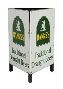 BANKS'S TRADITIONAL DRAFT BEERS THREE-SIDED PORCELAIN DISPLAY SIGN: SSP. C. 1960s. Three-sided porcelain store display with original bracing and lion graphic. CONDITION: Each side showing excellent color and gloss, with no field chipping and only a light amount of
