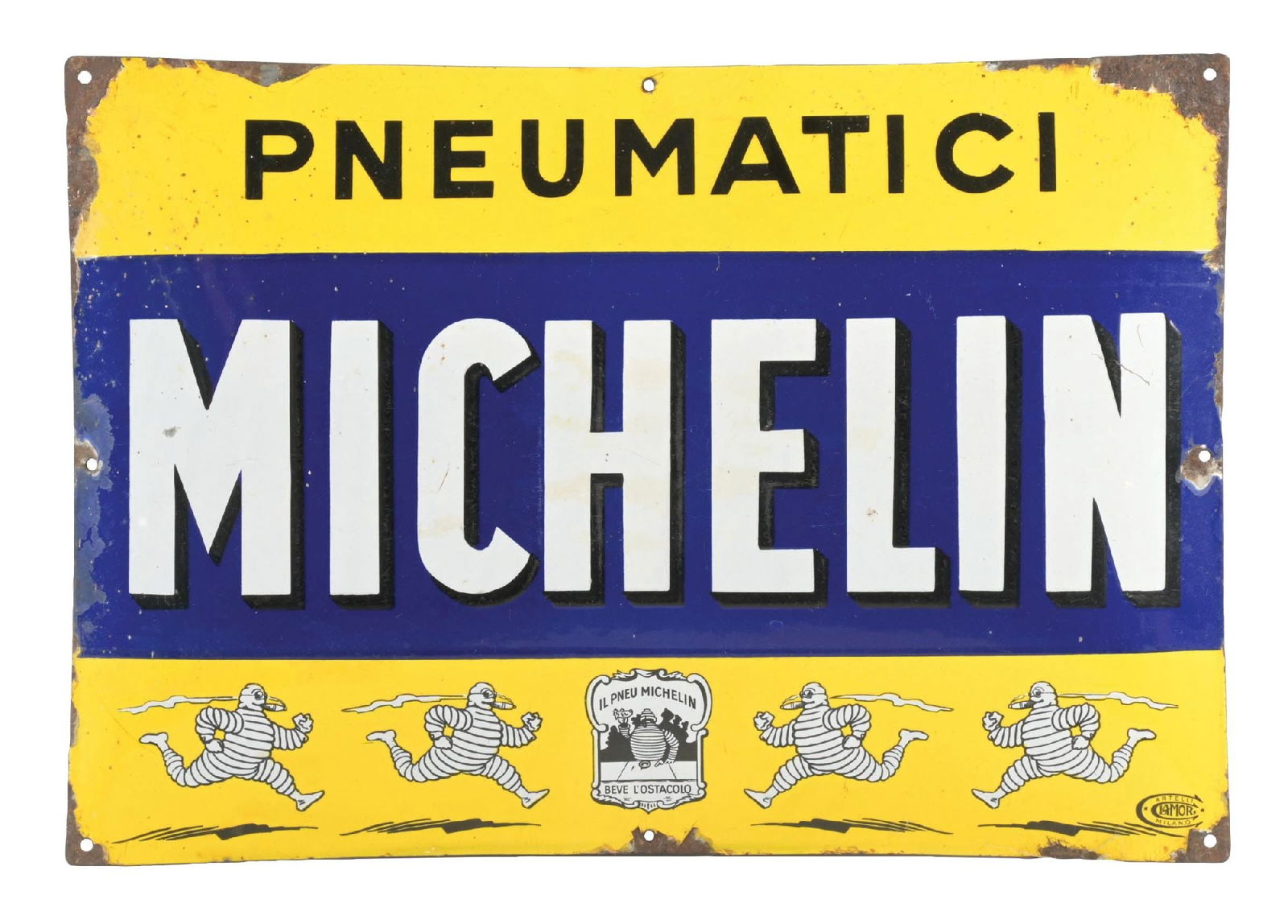 MICHELIN PNEUMATICI TIRES PORCELAIN SIGN W/ BIBENDUM GRAPHIC: SSP. C. 1930s. CONDITION: Excellent color and gloss throughout the field, showing only light surface wear with areas of scratching. Graphics in the lower field are in excellent condition. Outer edges