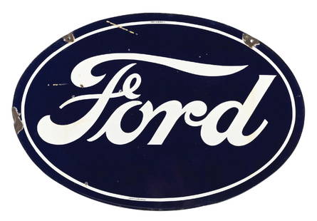 FORD AUTOMOBILES PORCELAIN OVAL SIGN W/ SCRIPT: DSP. Maker marked Veribrite. C. 1930s. CONDITION: Sign shows outstanding color and gloss throughout each side, with each side showing a moderate amount of light field chipping in the inner and outer