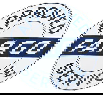 FARGO APPROVED SERVICE PORCELAIN SIGN: DSP. Maker marked "Simpson" (Australia). CONDITION: Excellent color and gloss throughout the field, with no field chipping and only light surface scratches. Added holes along the perimeter, mounting