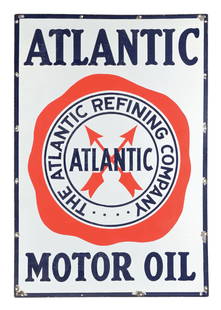 ATLANTIC MOTOR OIL PORCELAIN SERVICE STATION SIGN: SSP. C. 1930s. CONDITION: Sign shows very good color and gloss throughout the field, showing light areas of cloudiness and discoloration in the blue. Sign shows light surface scratching, with one