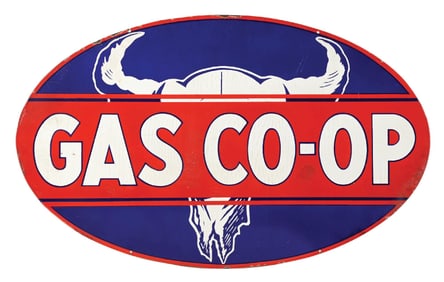 GAS CO-OP PORCELAIN SIGN W/ BUFFALO SKULL GRAPHIC